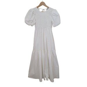UO EN SAISON MARA White Midi Tiered Smocked Puff Sleeve Dress Women's Sz M